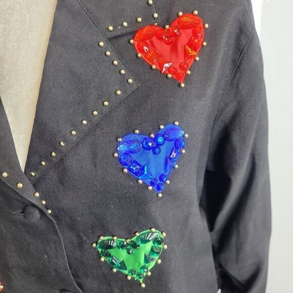 VINTAGE 80s top black embellished beaded king of‎ hearts button up M - Picture 5 of 11